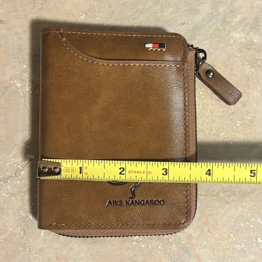 AIKS Kangaroo Mens Bi-Fold Faux Leather RFID Blocking Camel Tan Wallet Zips Up